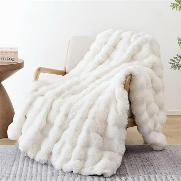 Faux Fur Throw Blanket Cream White Fluffy Soft Fleece Couch Bed Decor 50x60 - Picture 7 of 7